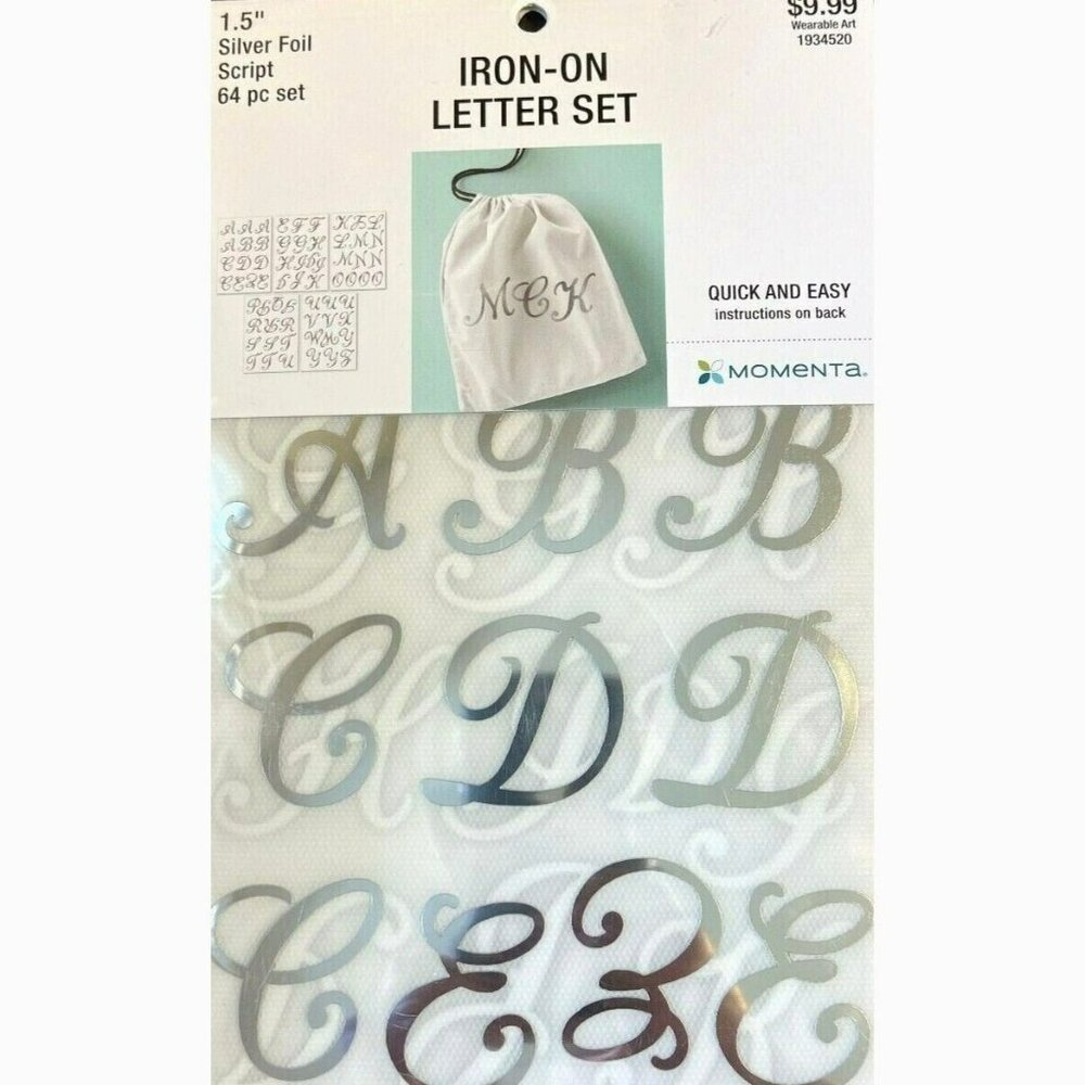 Momenta Iron-On Letter Set Silver Foil Script 1.5" Letter 64-Pc Wearable Crafts